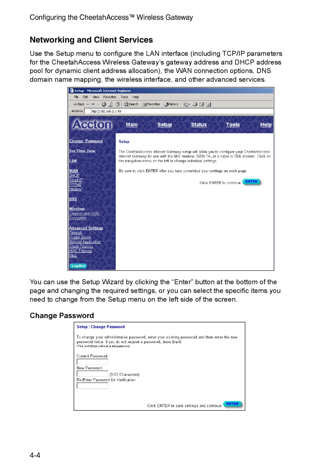 Accton Technology AC-IG2004W manual Networking and Client Services, Change Password 