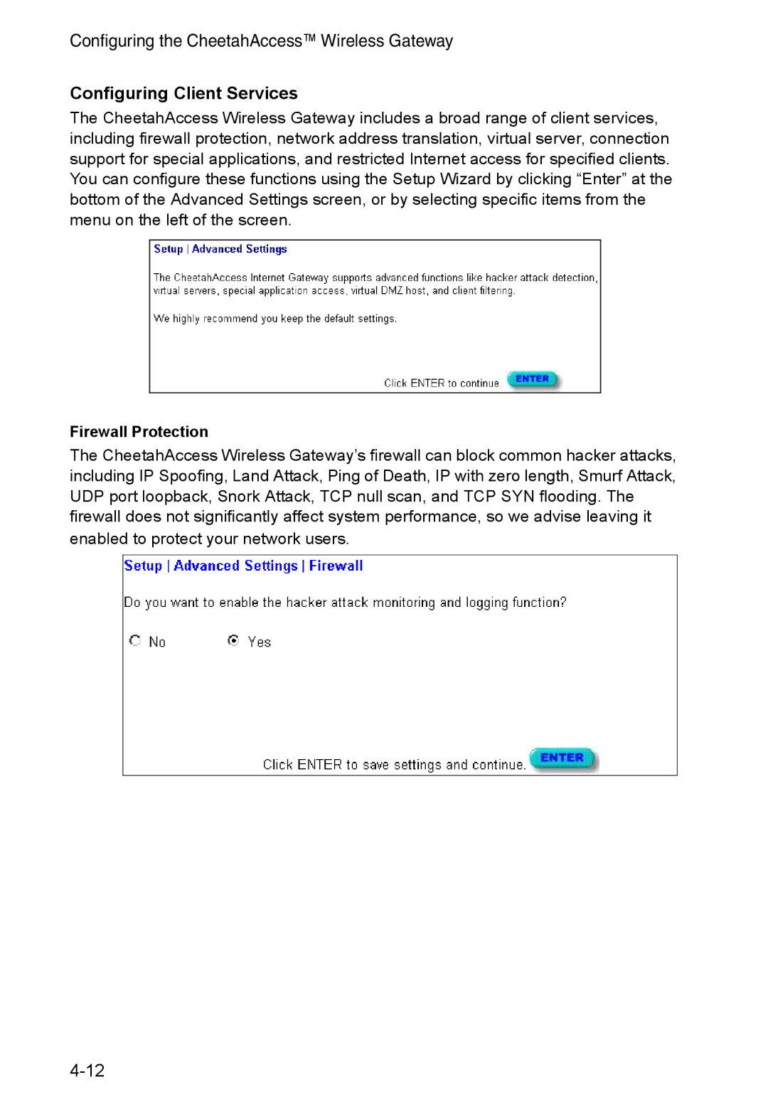 Accton Technology AC-IG2004W manual Configuring Client Services, Firewall Protection 