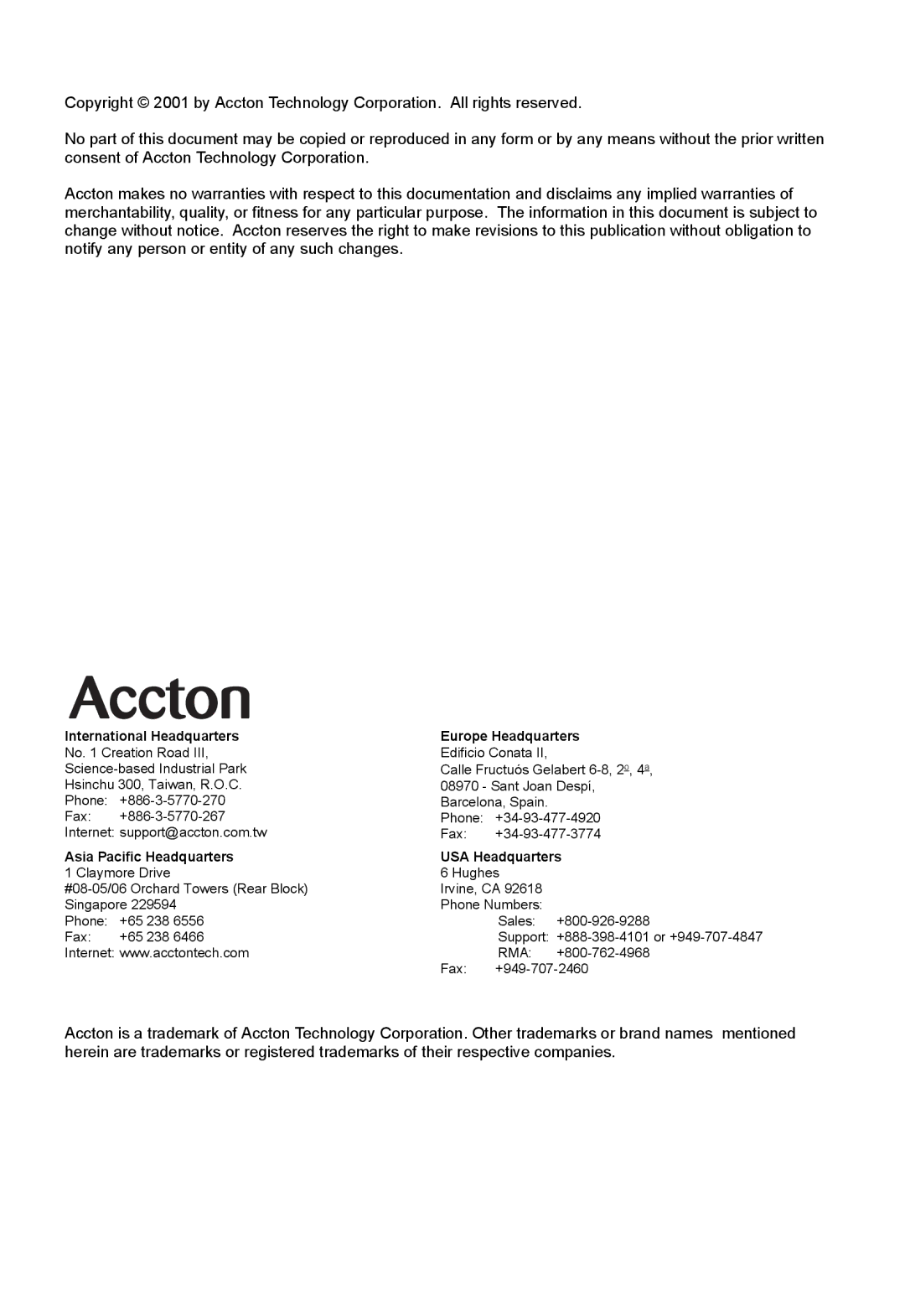 Accton Technology AC-IG2004W manual International Headquarters Europe Headquarters 