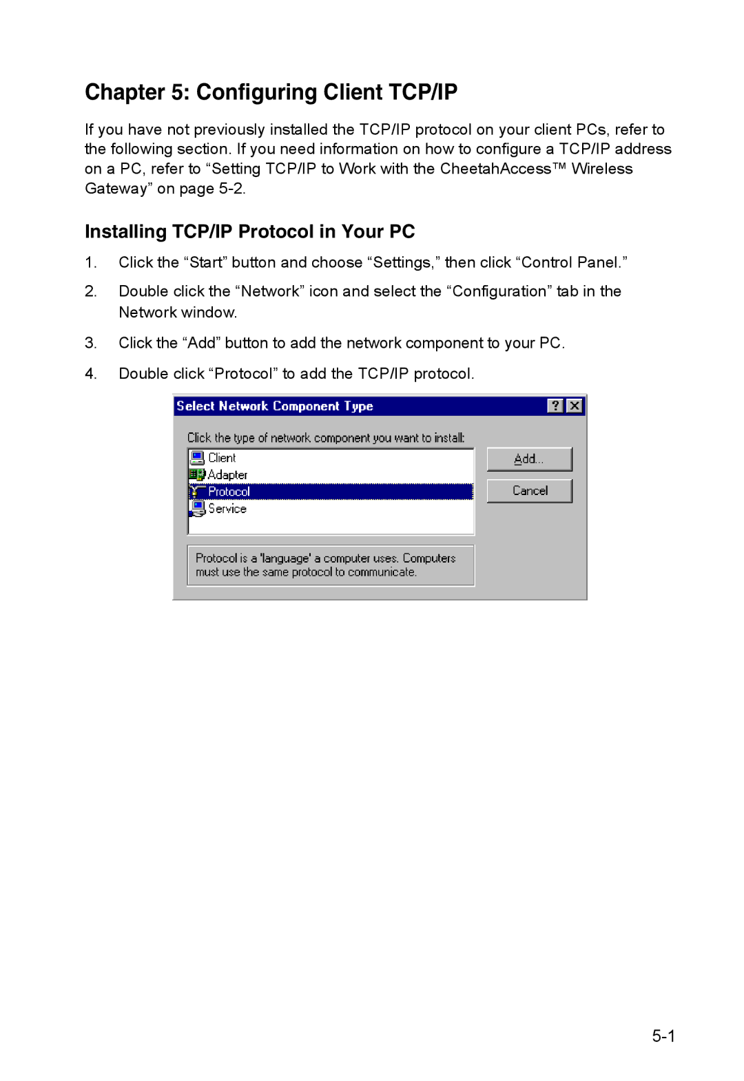 Accton Technology AC-IG2004W manual Configuring Client TCP/IP, Installing TCP/IP Protocol in Your PC 