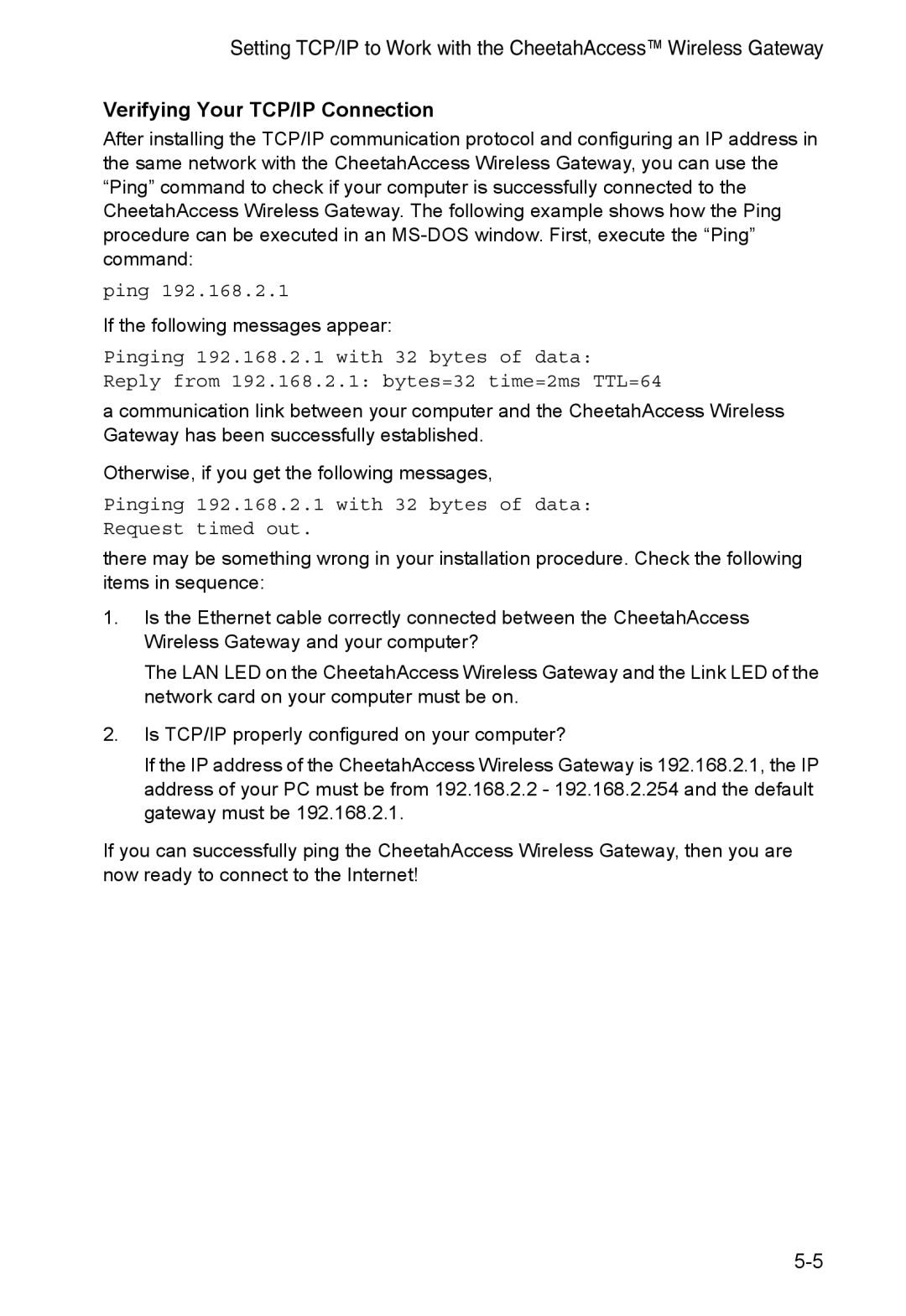 Accton Technology AC-IG2004W Verifying Your TCP/IP Connection, Pinging 192.168.2.1 with 32 bytes of data Request timed out 