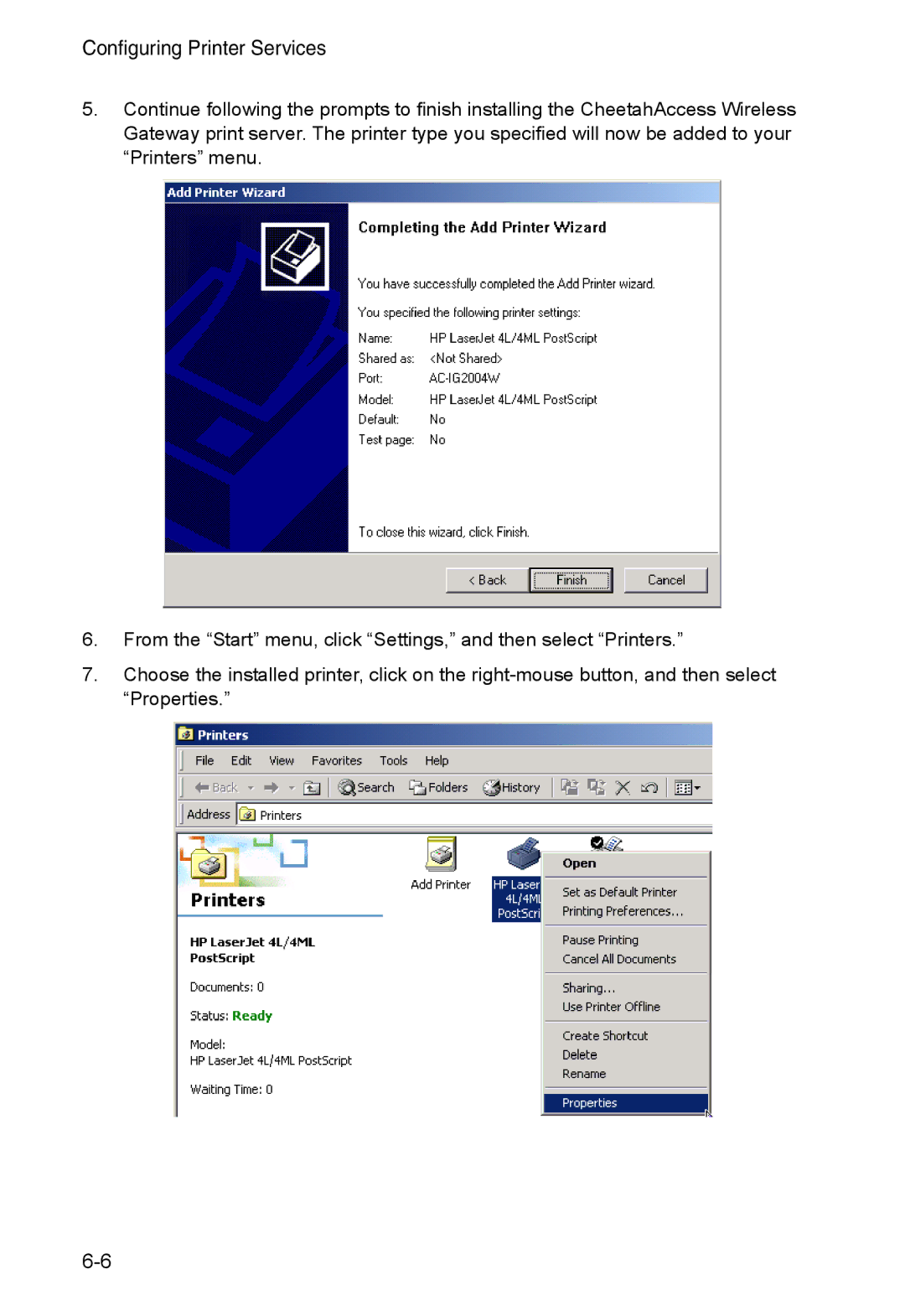 Accton Technology AC-IG2004W manual Configuring Printer Services 