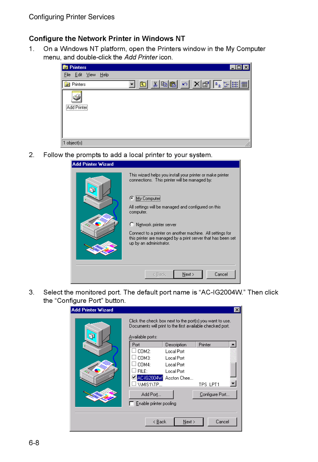 Accton Technology AC-IG2004W manual Configure the Network Printer in Windows NT 