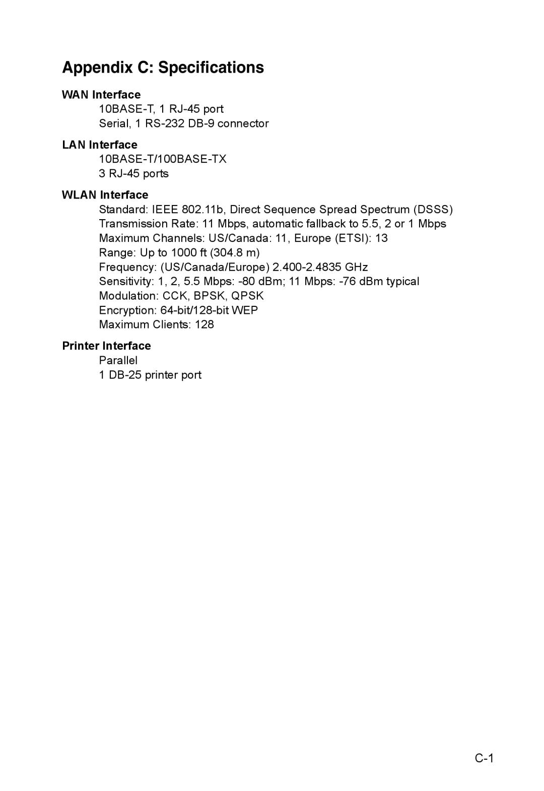 Accton Technology AC-IG2004W manual Appendix C Specifications, WAN Interface, Printer Interface 