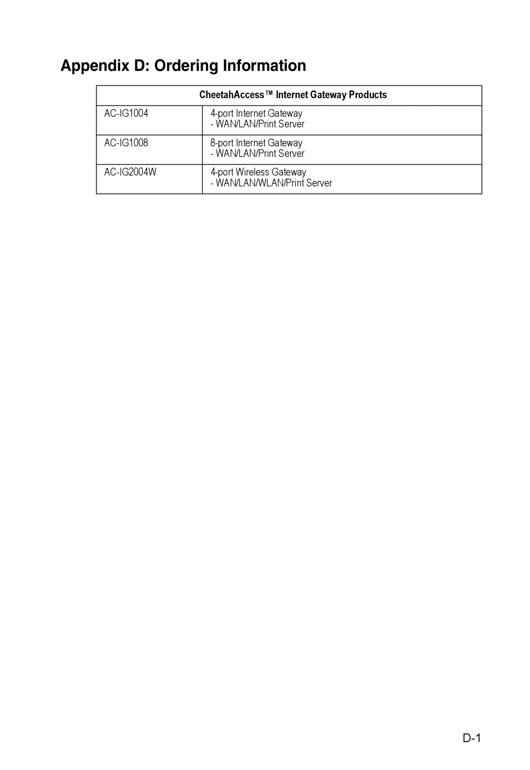 Accton Technology AC-IG2004W manual Appendix D Ordering Information, CheetahAccess Internet Gateway Products 