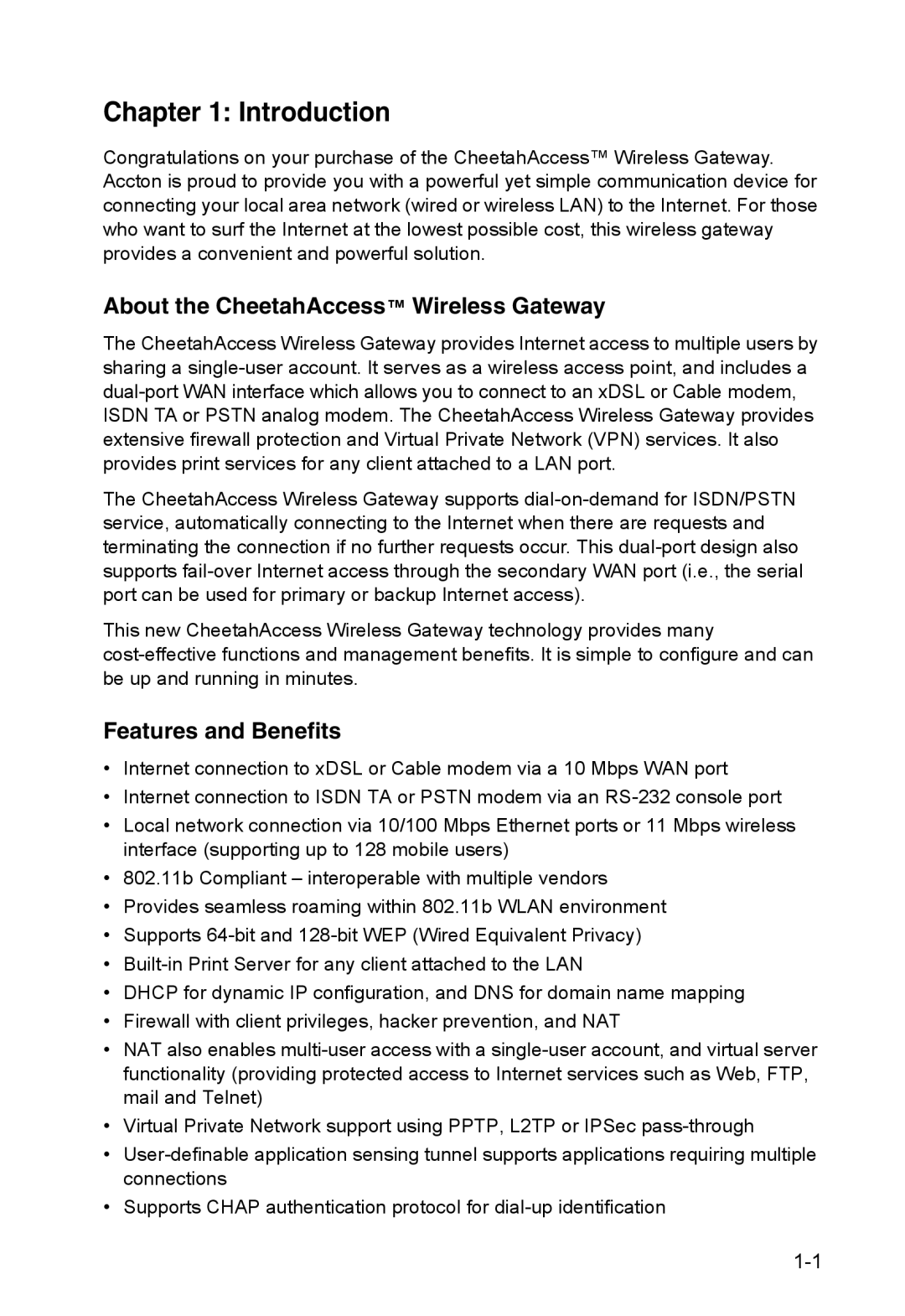 Accton Technology AC-IG2004W manual Introduction, About the CheetahAccess Wireless Gateway, Features and Benefits 