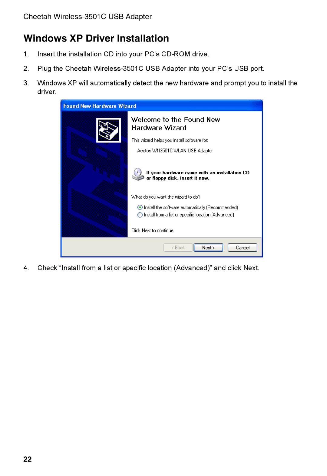 Accton Technology 3501C, Cheetah Wireless USB Adapter manual Windows XP Driver Installation 