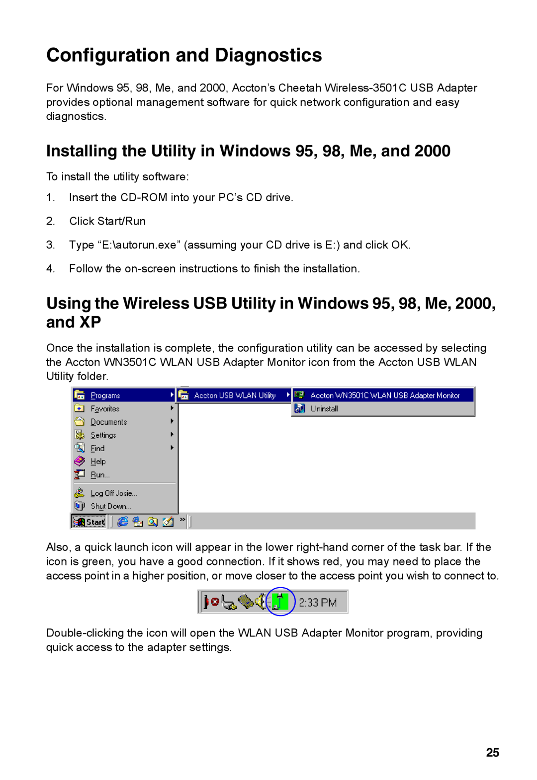 Accton Technology Cheetah Wireless USB Adapter Configuration and Diagnostics, Installing the Utility in Windows 95, 98, Me 