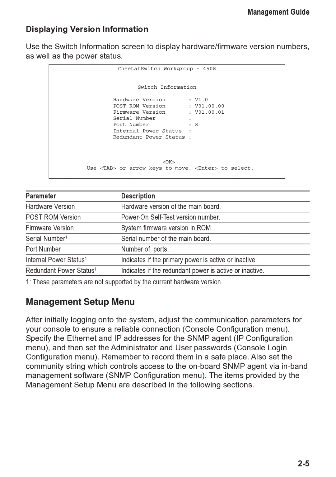 Accton Technology 4508, CheetahSwitch Workgroup Management Setup Menu, Management Guide Displaying Version Information 