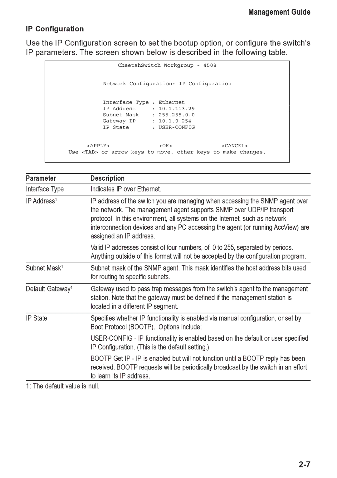 Accton Technology 4508, CheetahSwitch Workgroup manual Management Guide, IP Configuration 