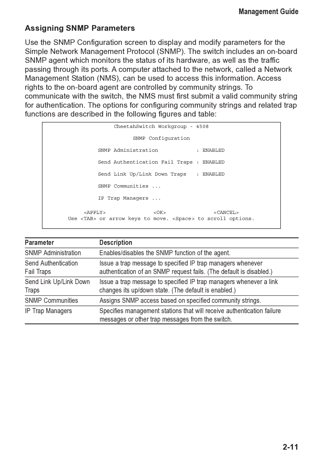 Accton Technology 4508, CheetahSwitch Workgroup manual Management Guide Assigning Snmp Parameters 