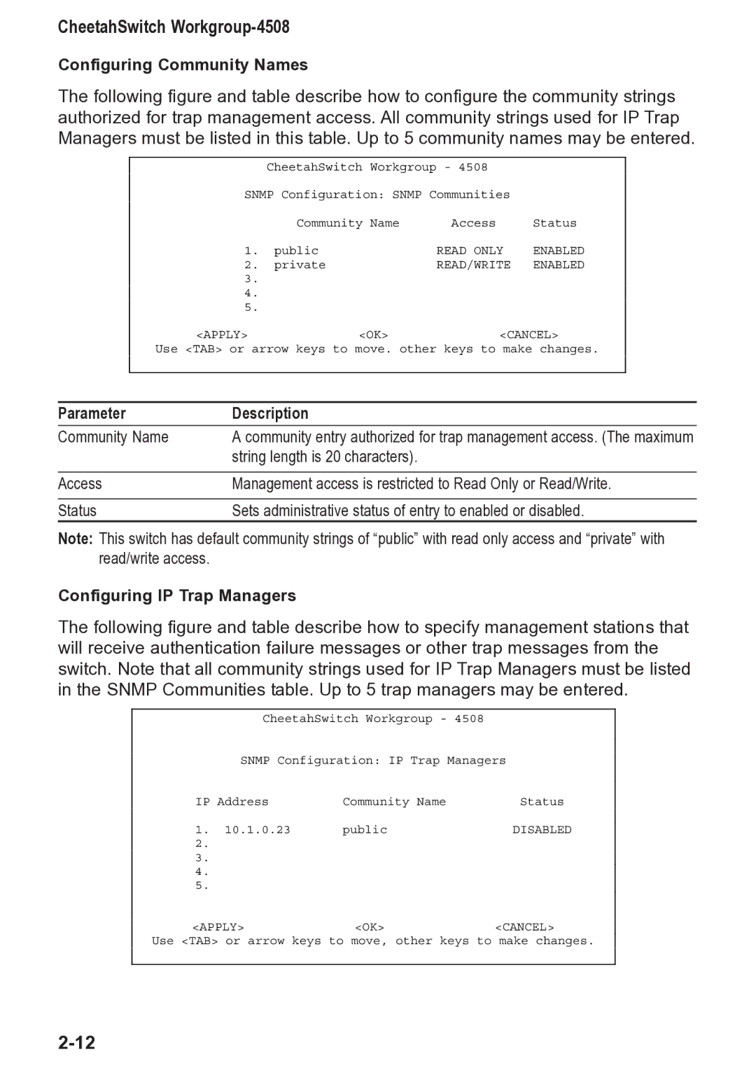 Accton Technology CheetahSwitch Workgroup, 4508 manual Configuring Community Names, Configuring IP Trap Managers 