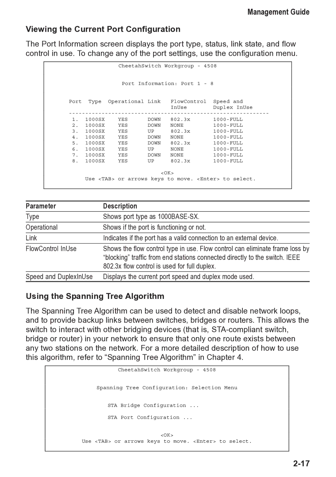 Accton Technology 4508 manual Management Guide Viewing the Current Port Configuration, Using the Spanning Tree Algorithm 