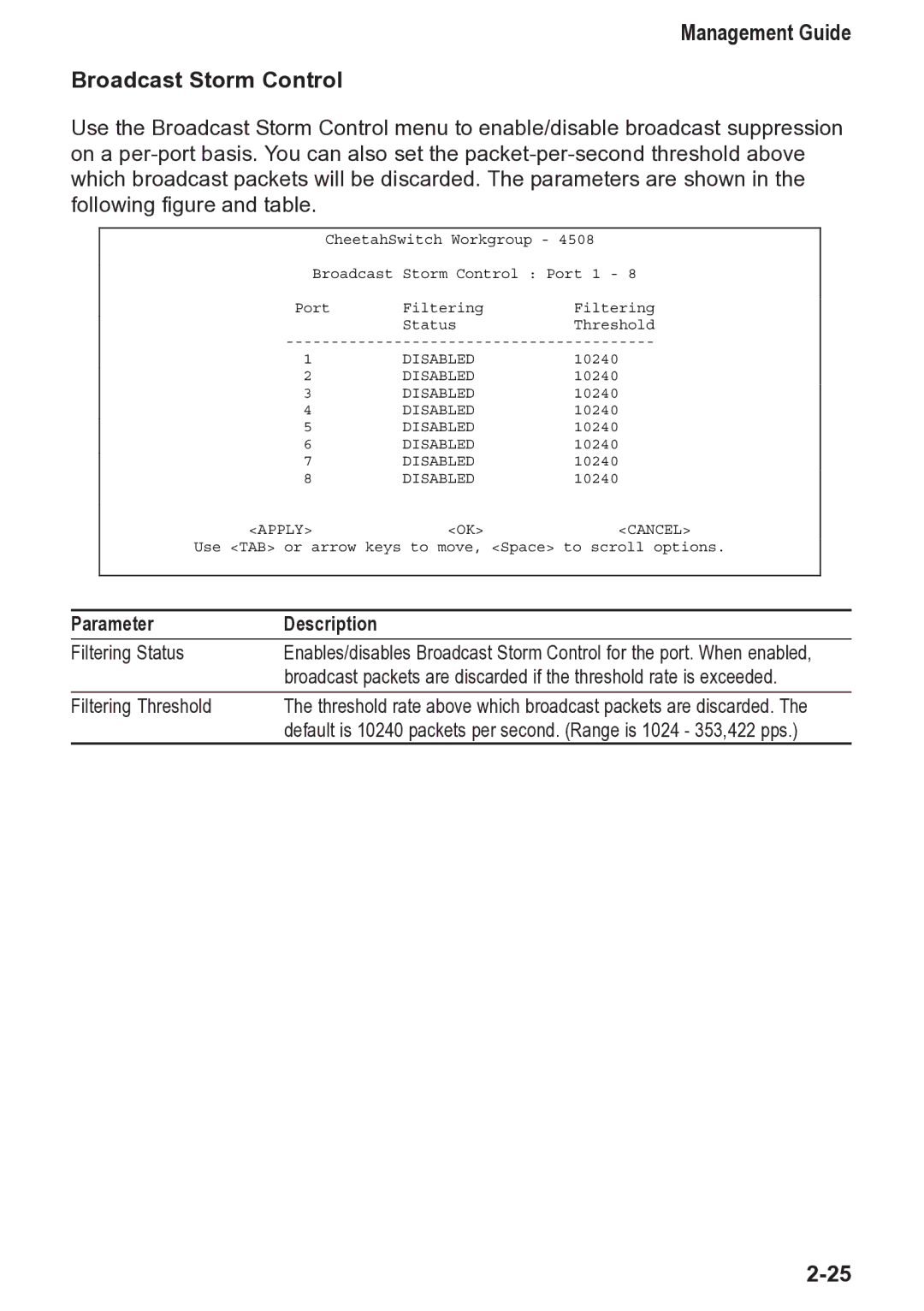 Accton Technology 4508, CheetahSwitch Workgroup manual Management Guide Broadcast Storm Control 