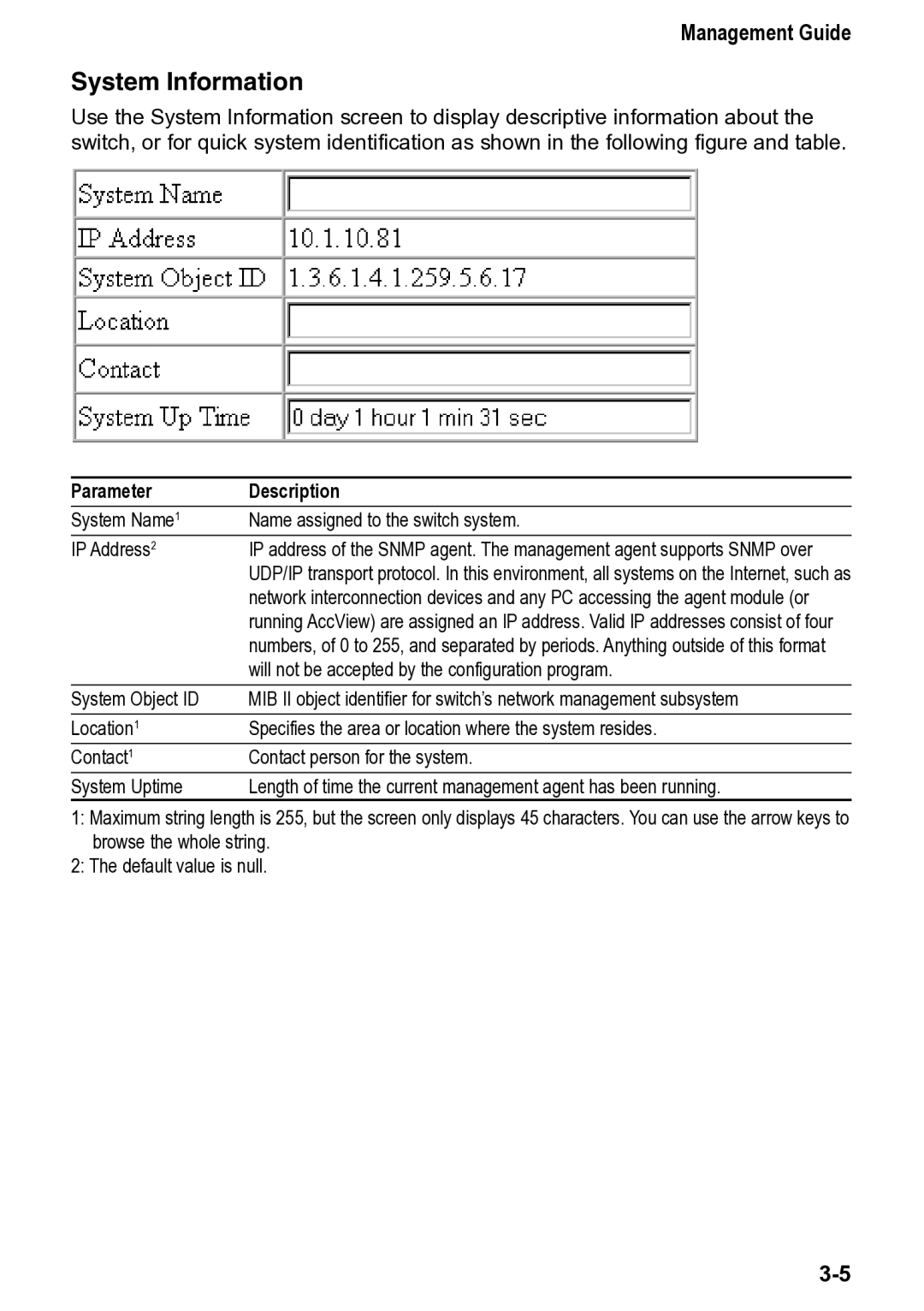 Accton Technology 4508, CheetahSwitch Workgroup manual System Information, Parameter Description 