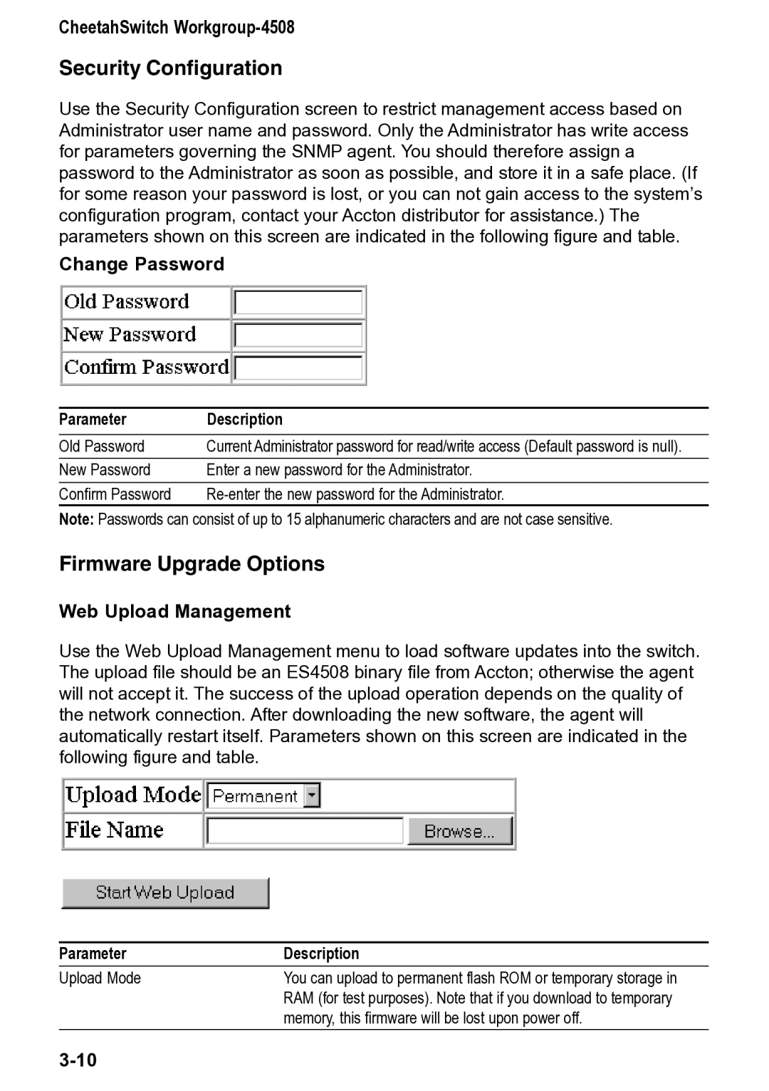Accton Technology CheetahSwitch Workgroup, 4508 manual Security Configuration, Firmware Upgrade Options, Change Password 