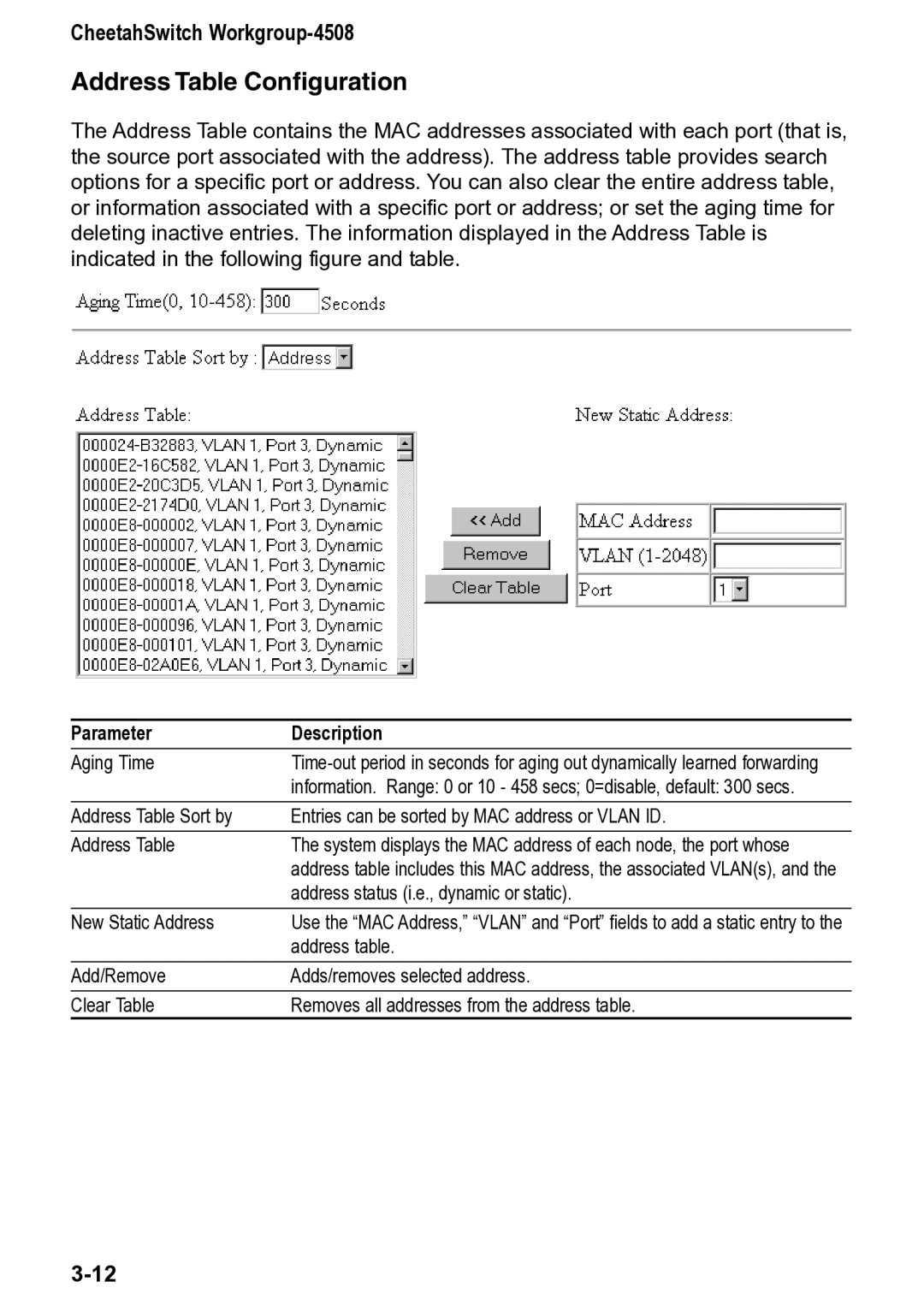 Accton Technology CheetahSwitch Workgroup, 4508 manual Address Table Configuration 