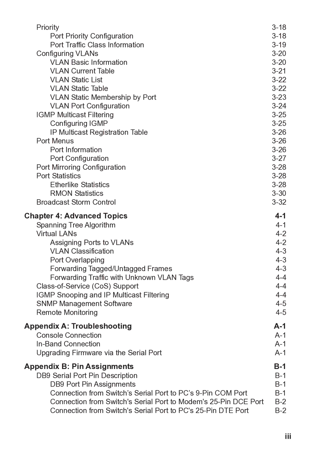 Accton Technology 4508 manual Advanced Topics, Appendix a Troubleshooting, Appendix B Pin Assignments, Iii 