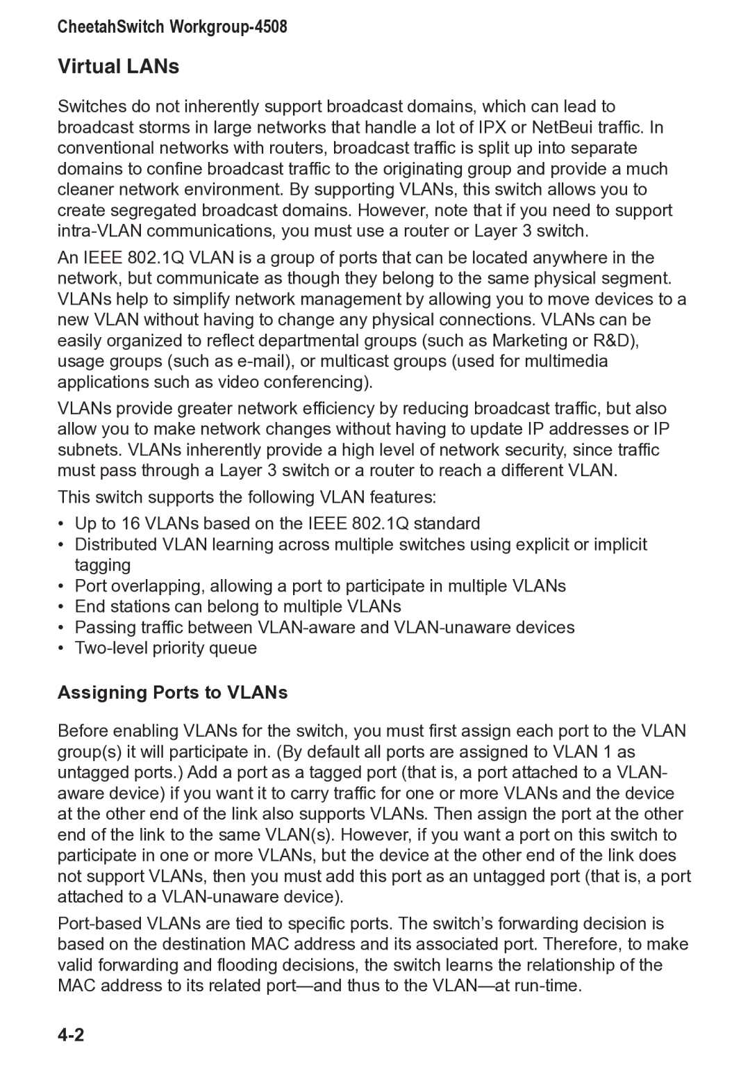 Accton Technology CheetahSwitch Workgroup, 4508 manual Virtual LANs, Assigning Ports to VLANs 