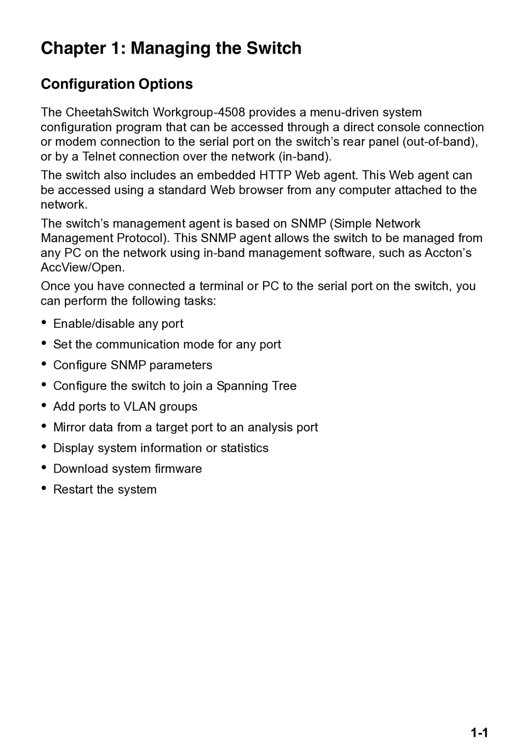 Accton Technology 4508, CheetahSwitch Workgroup manual Managing the Switch, Configuration Options 