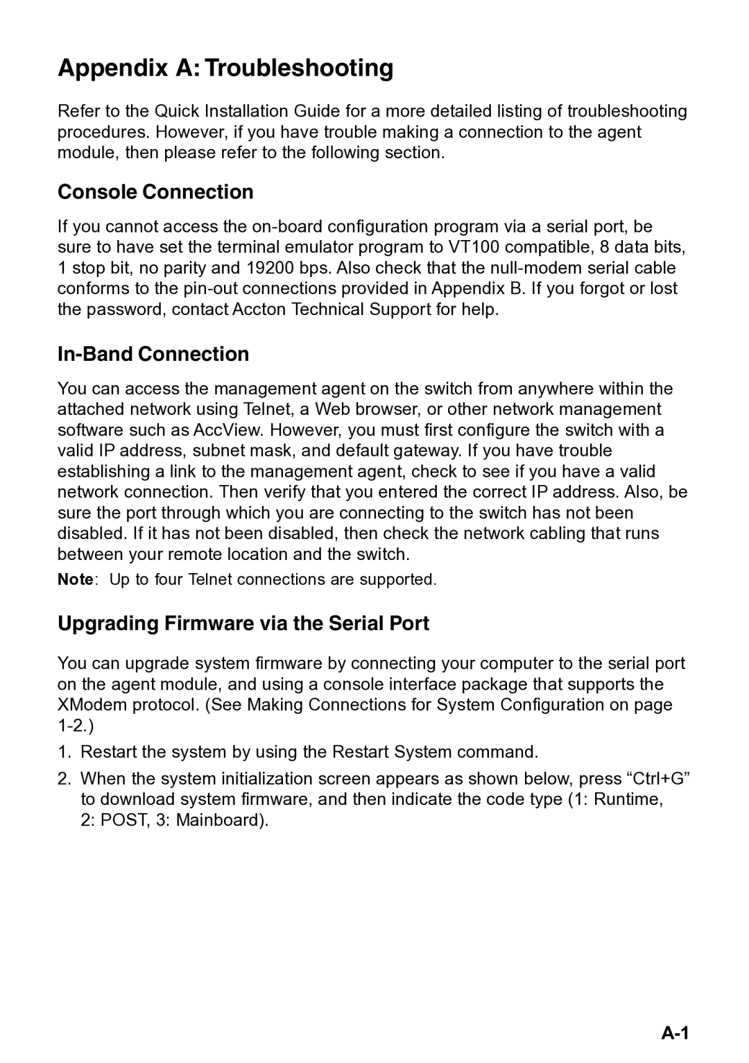 Accton Technology 4508 manual Console Connection, In-Band Connection, Upgrading Firmware via the Serial Port 