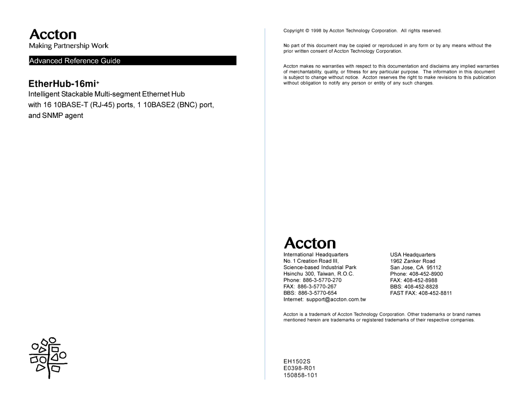 Accton Technology EH1502S, E0398-R01, 150858-101 manual EtherHub-16mi+, Internet support@accton.com.tw 