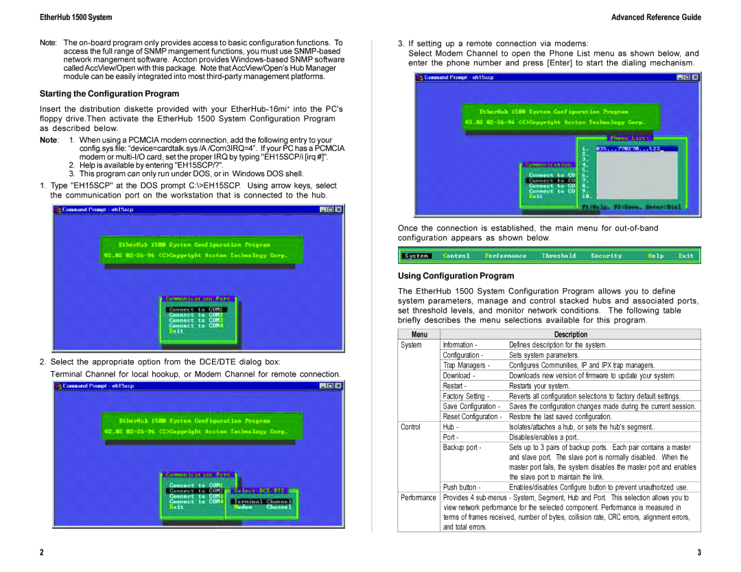 Accton Technology 150858-101, E0398-R01 manual Using Configuration Program, Configures Communities, IP and IPX trap managers 