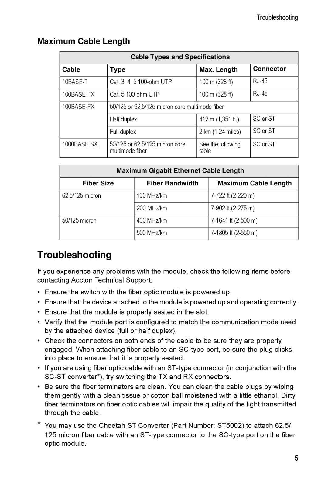 Accton Technology 1000BASE-SX Gigabit Uplink Module manual Troubleshooting, Cable Type Max. Length Connector, Fiber Size 