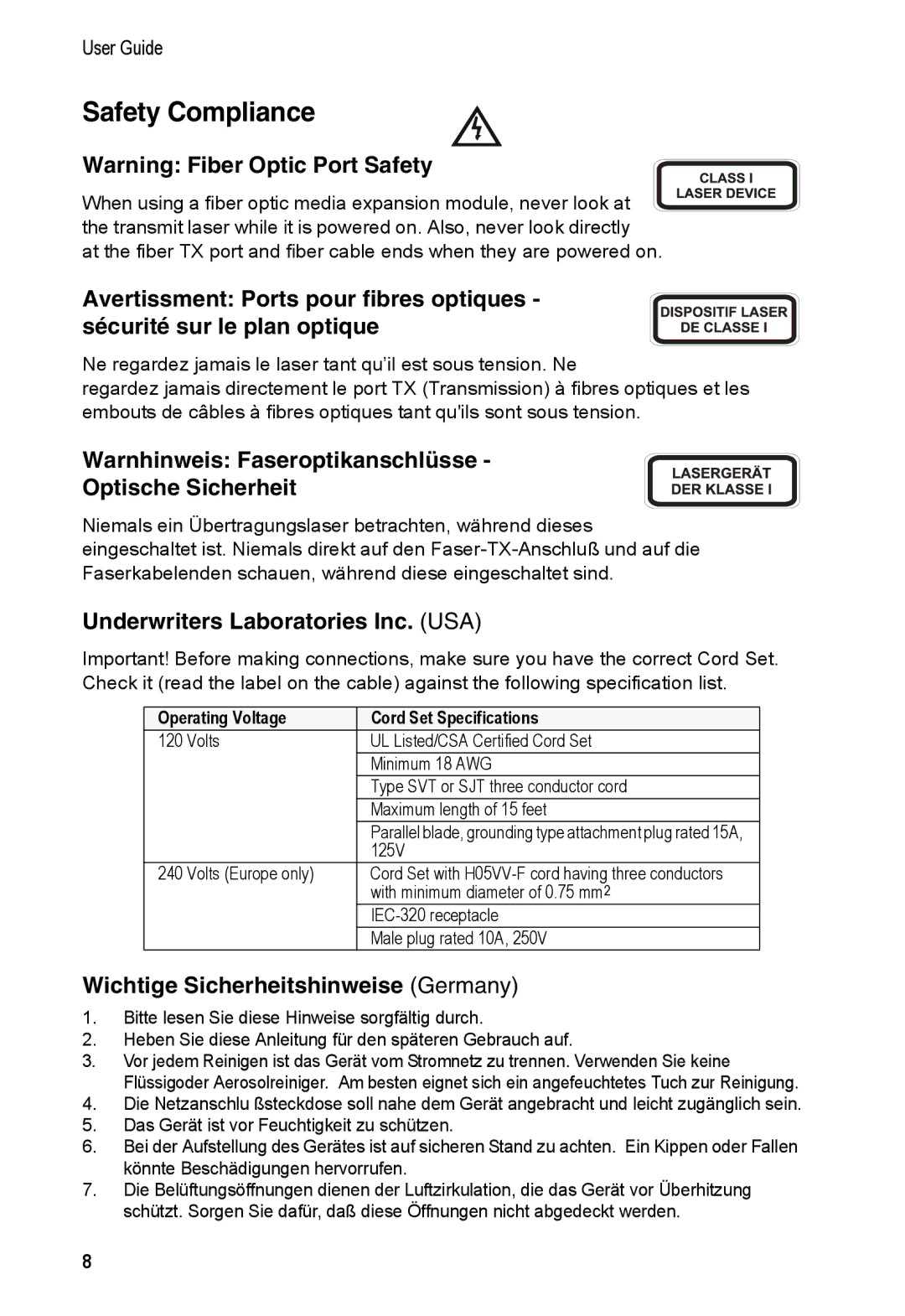 Accton Technology 150471-102, E062000-R01 manual Safety Compliance, Warnhinweis Faseroptikanschlüsse Optische Sicherheit 