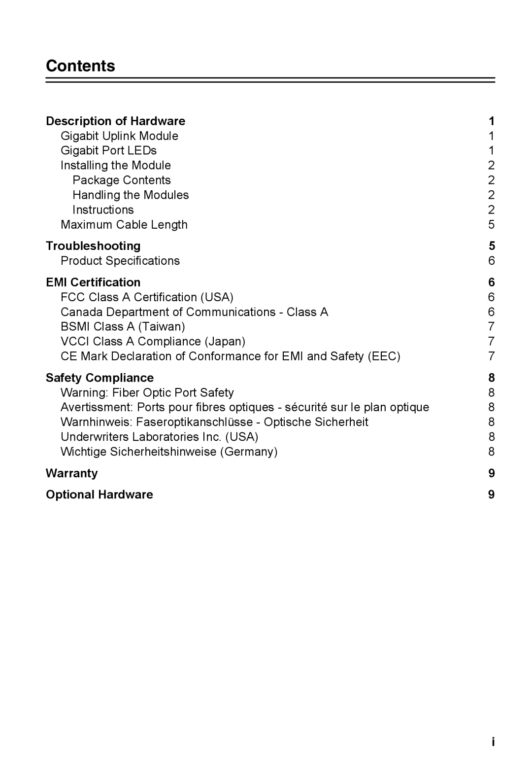 Accton Technology EM4601-SX-SC, E062000-R01, 150471-102, 1000BASE-SX Gigabit Uplink Module manual Contents 