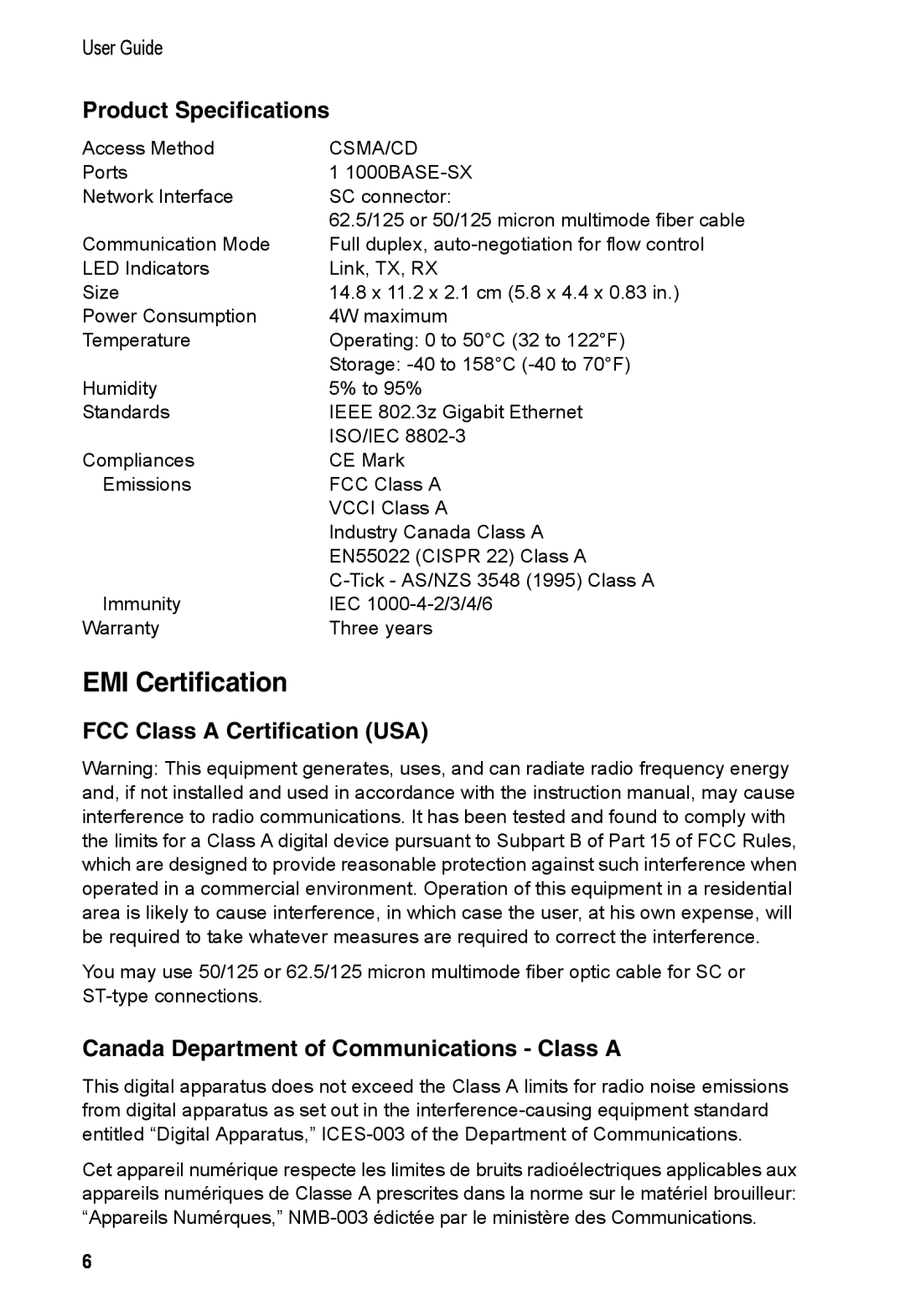 Accton Technology E062000-R01, EM4601-SX-SC manual EMI Certification, Product Specifications, FCC Class A Certification USA 