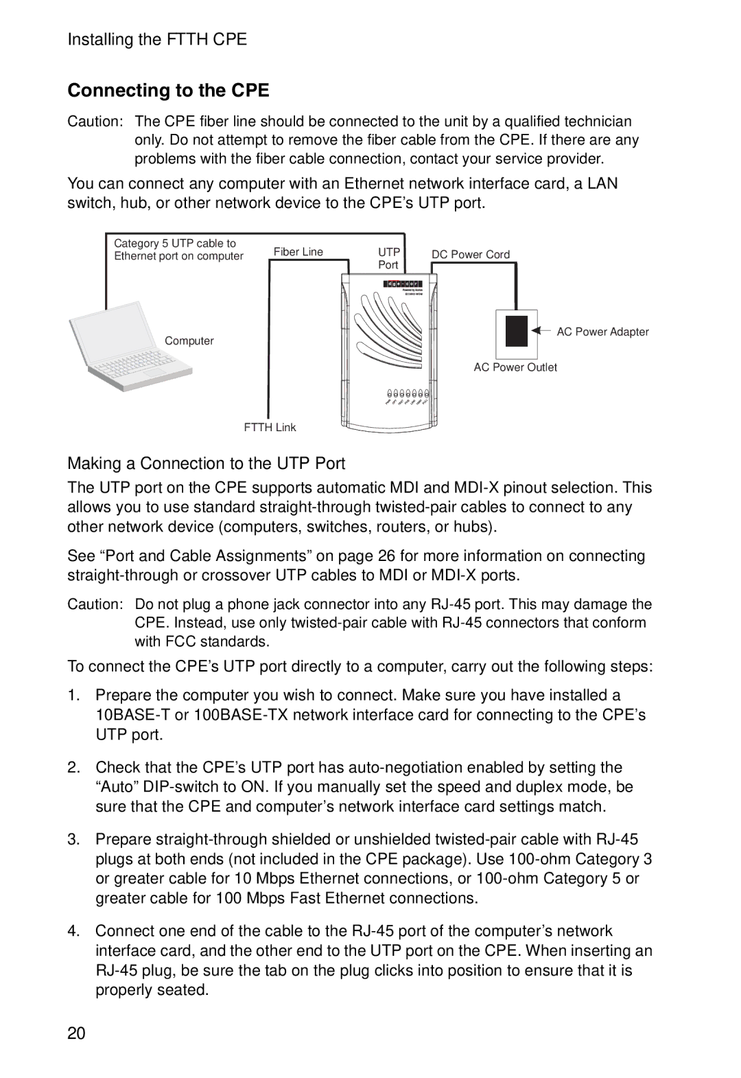 Accton Technology EC3802-WDM manual Connecting to the CPE, Making a Connection to the UTP Port 