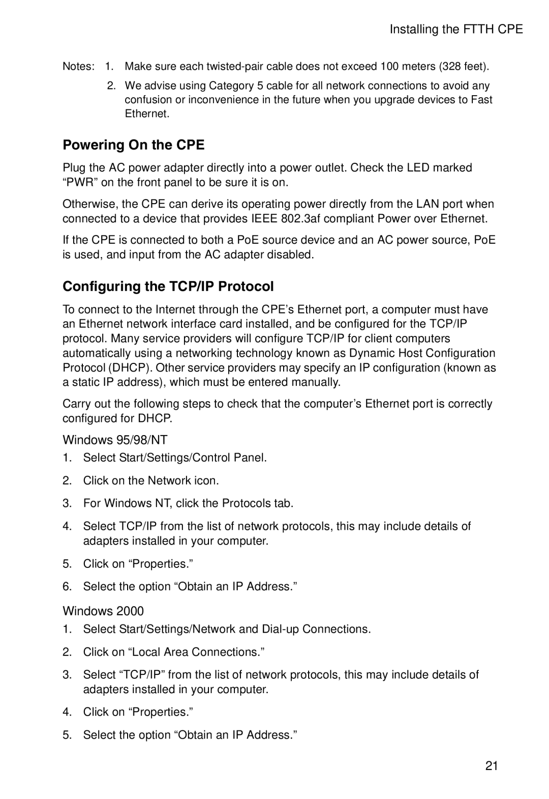 Accton Technology EC3802-WDM manual Powering On the CPE, Configuring the TCP/IP Protocol, Windows 95/98/NT 