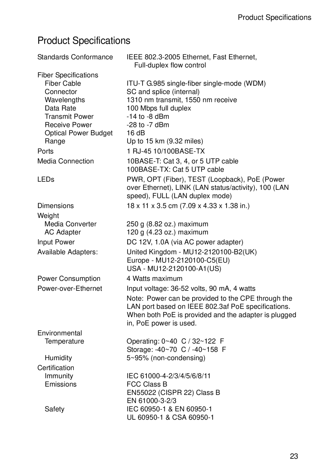 Accton Technology EC3802-WDM manual Product Specifications 