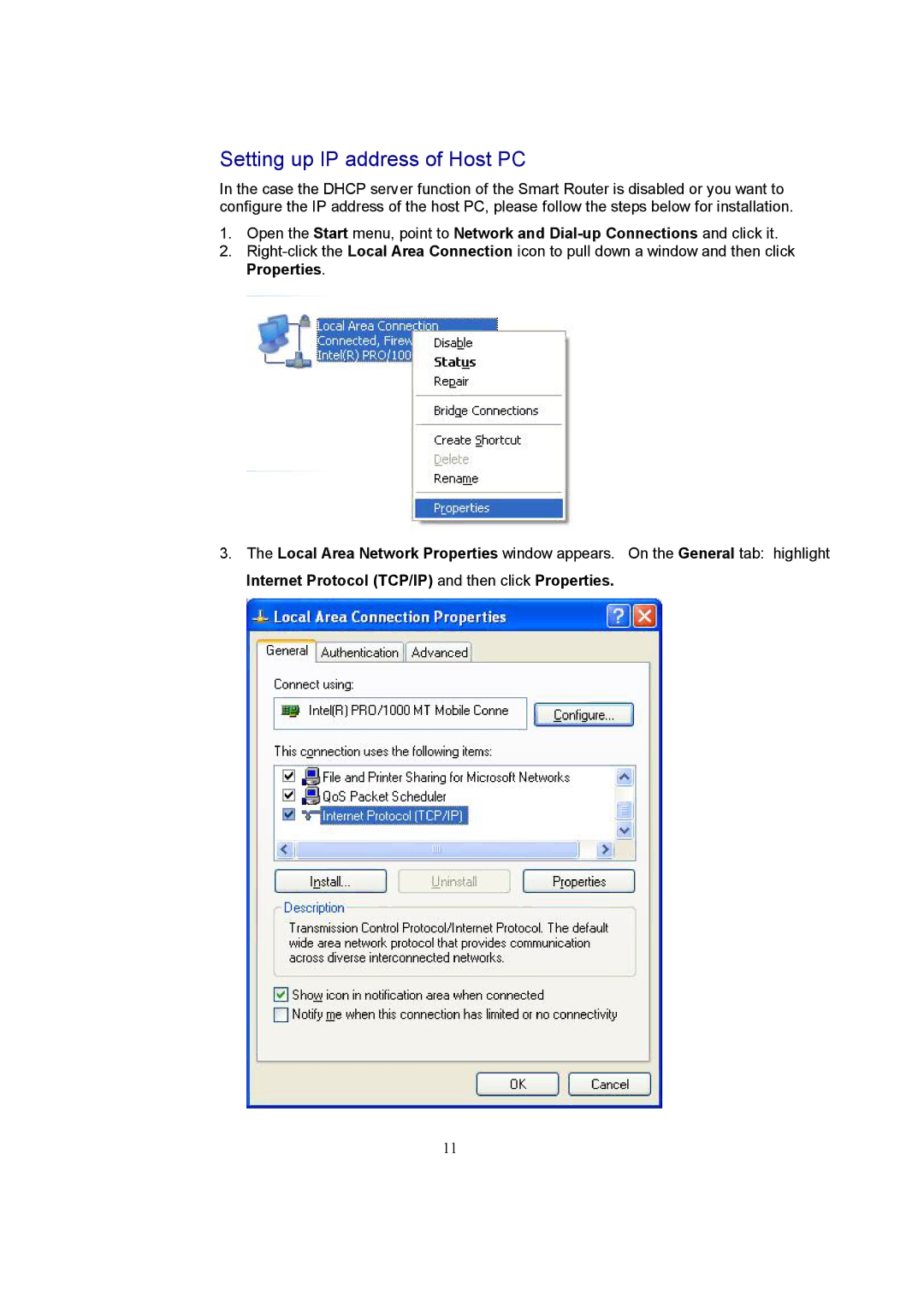 Accton Technology EC3805 manual Setting up IP address of Host PC 