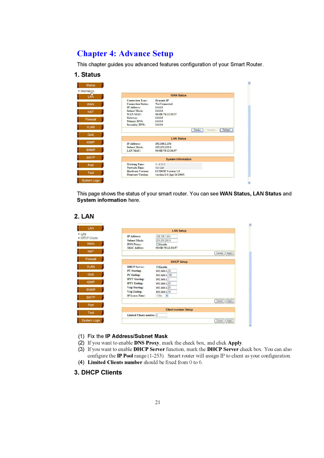 Accton Technology EC3805 manual Status, Lan, Dhcp Clients 