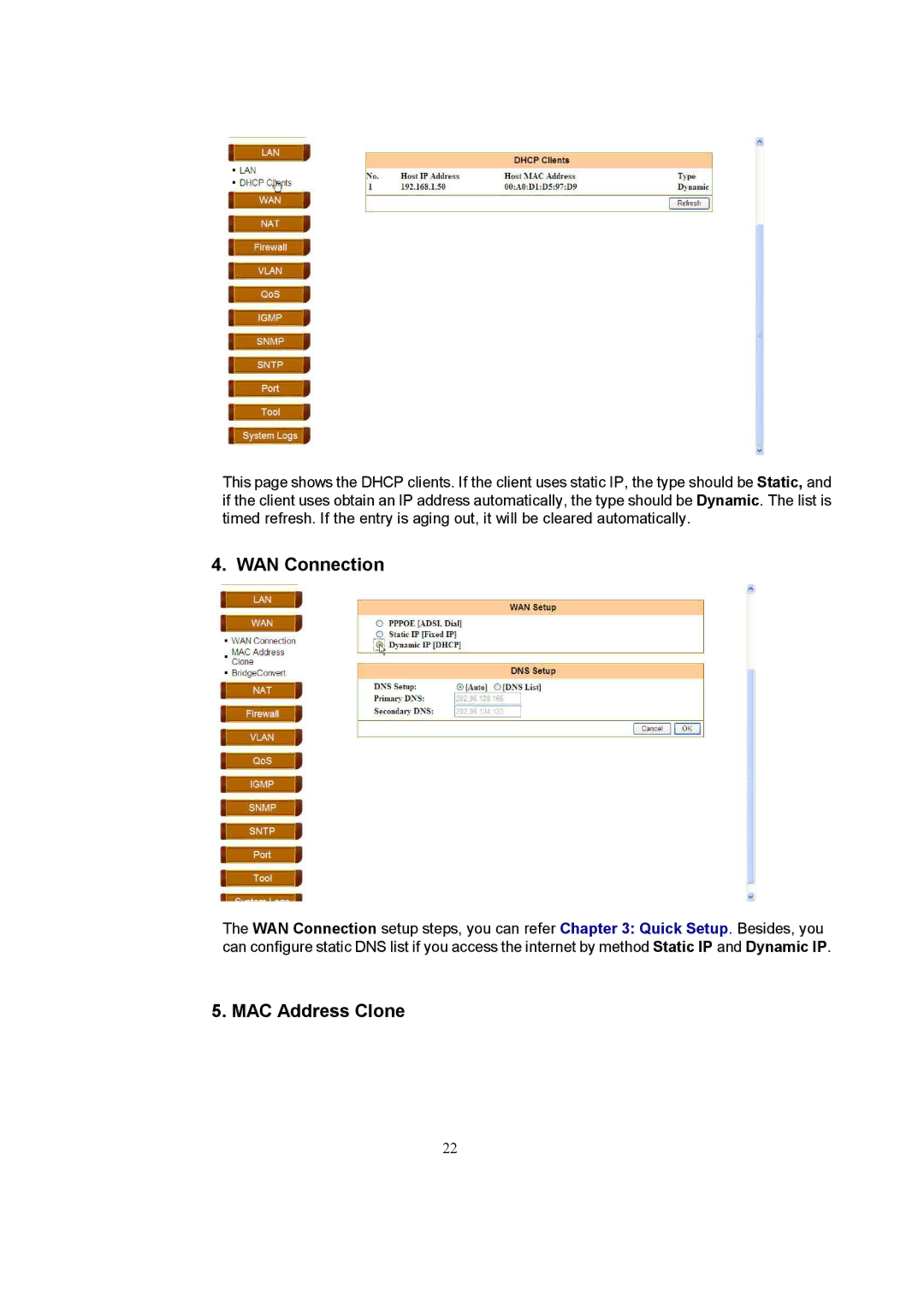 Accton Technology EC3805 manual WAN Connection, MAC Address Clone 