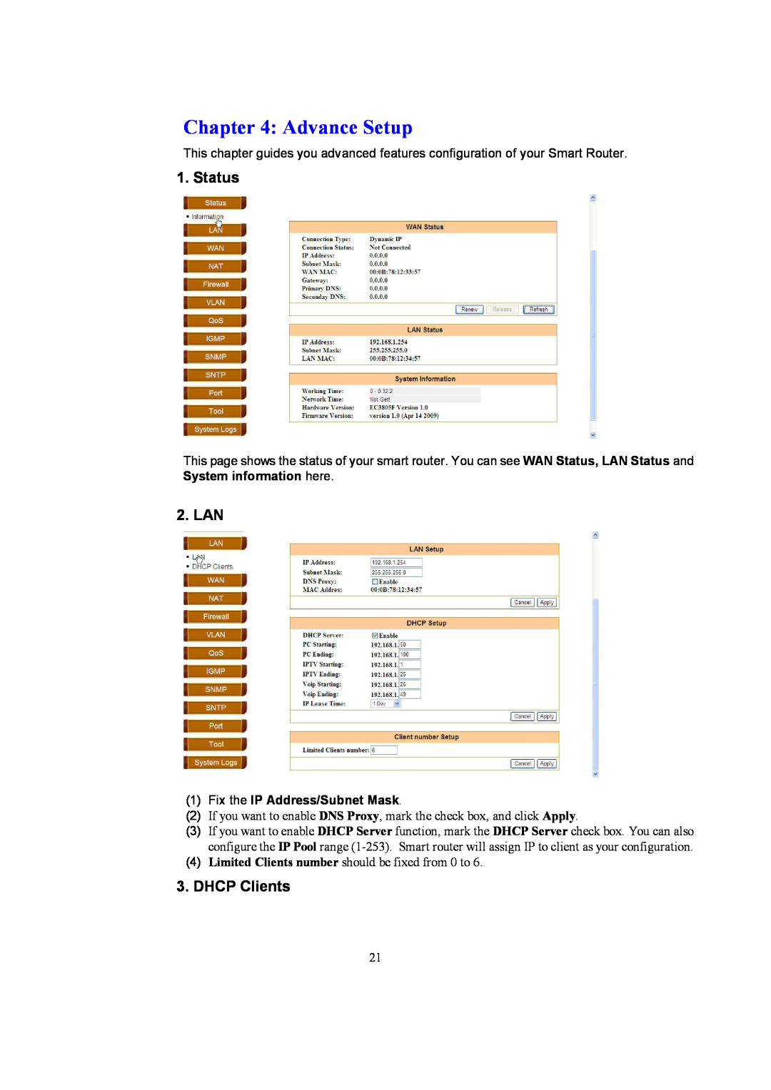 Accton Technology EC3805 manual Status, Lan, DHCP Clients, Advance Setup, Fix the IP Address/Subnet Mask 