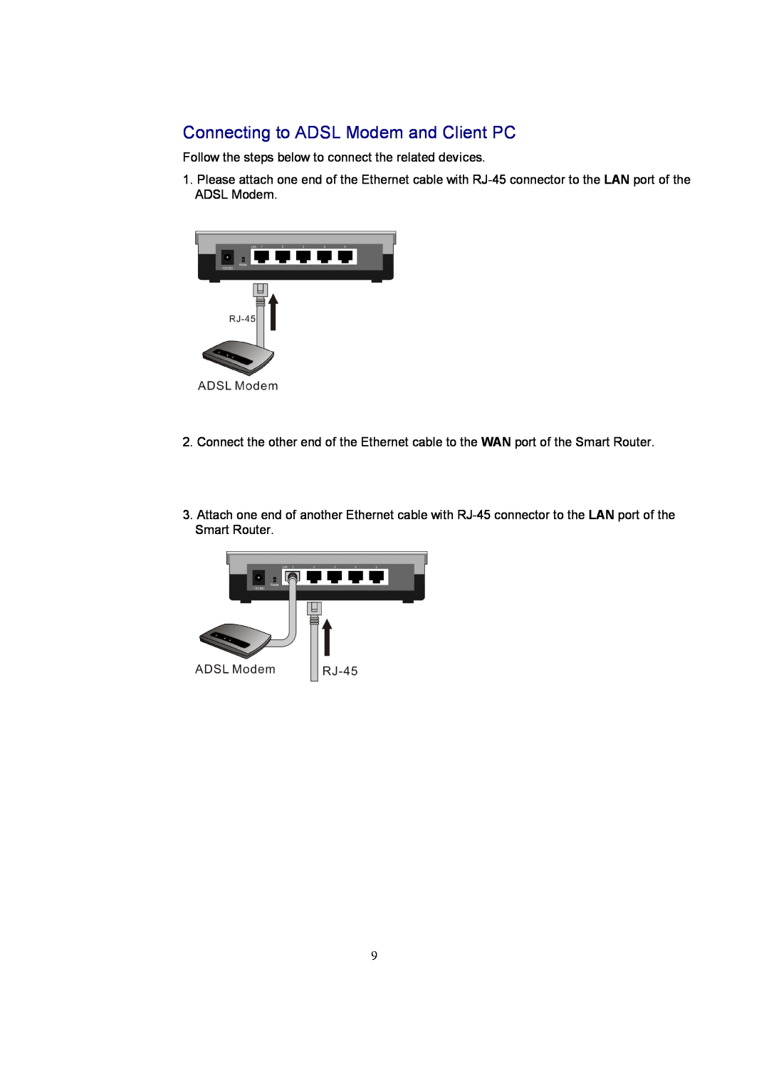Accton Technology EC3805 manual Connecting to ADSL Modem and Client PC 