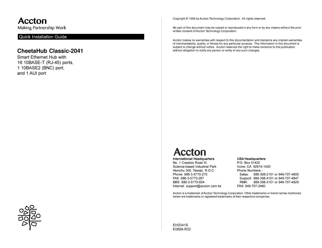 Accton Technology E0698-R02, CheetaHub Classic-2041 EH2041S E0898-R02, International Headquarters USA Headquarters, Bbs 