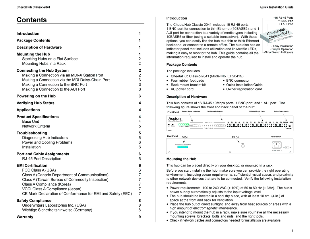 Accton Technology CheetaHub Classic-2041, EH2041S, E0698-R02 manual Contents 