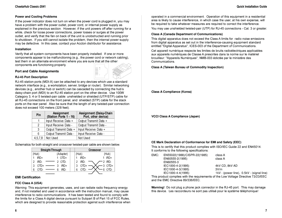 Accton Technology EH2041S Pin Assignment, Port, other device, Port and Cable Assignments, Straight-Through Crossover 