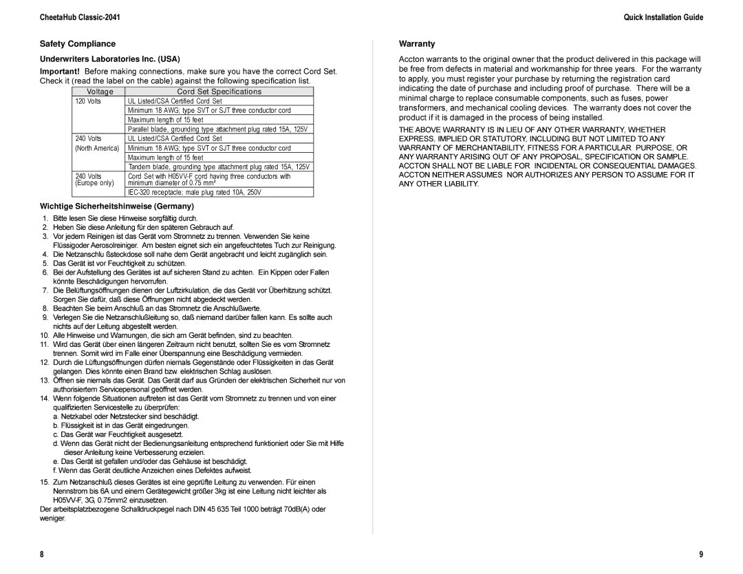 Accton Technology EH2041S, E0698-R02 manual CheetaHub Classic-2041 Safety Compliance, Quick Installation Guide Warranty 