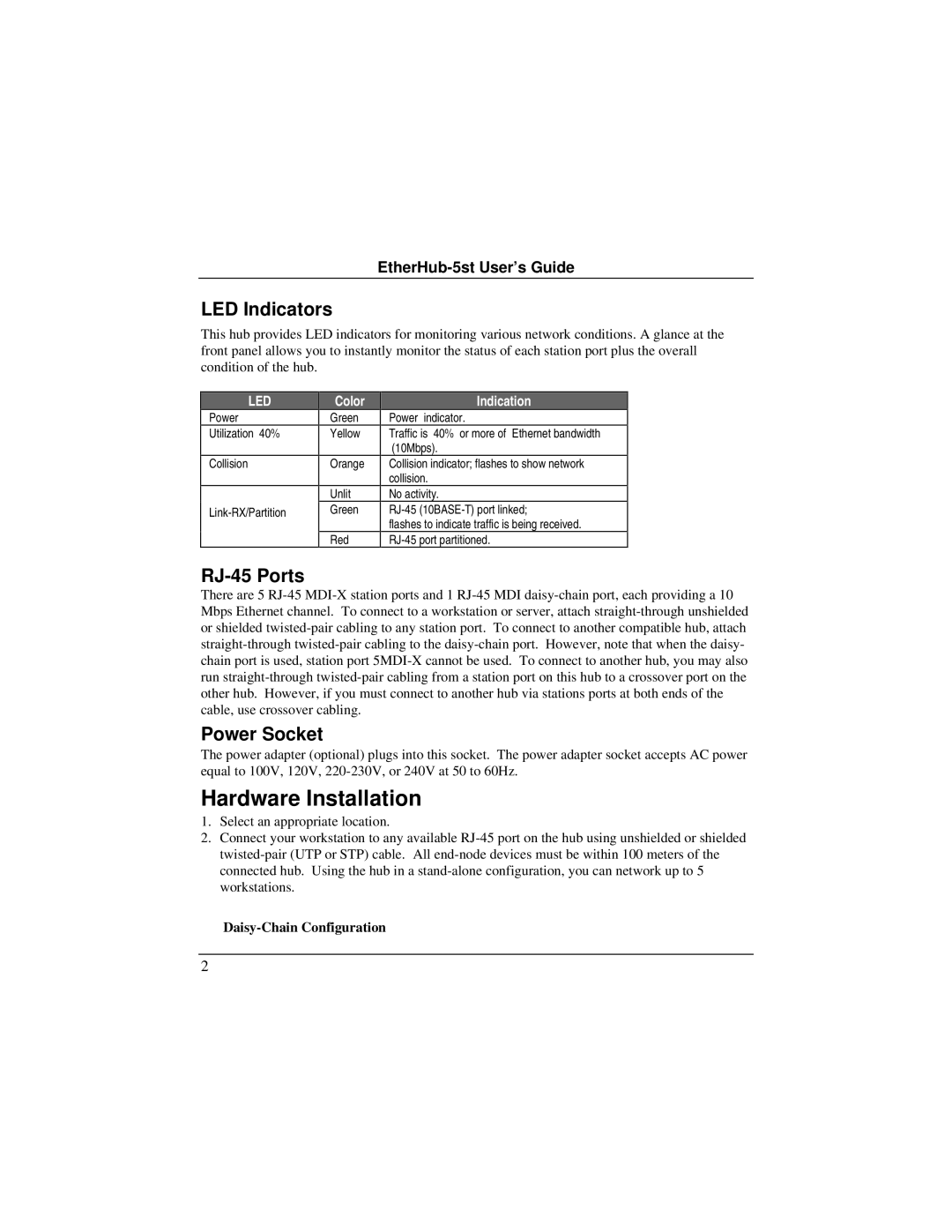 Accton Technology EH2045S Hardware Installation, LED Indicators, RJ-45 Ports, Power Socket, Daisy-Chain Configuration 