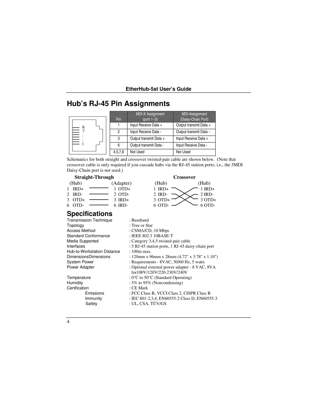 Accton Technology EH2045S quick start Hub’s RJ-45 Pin Assignments, Specifications 