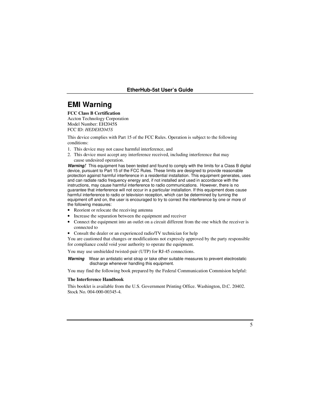 Accton Technology EH2045S quick start EMI Warning, FCC Class B Certification, Interference Handbook 