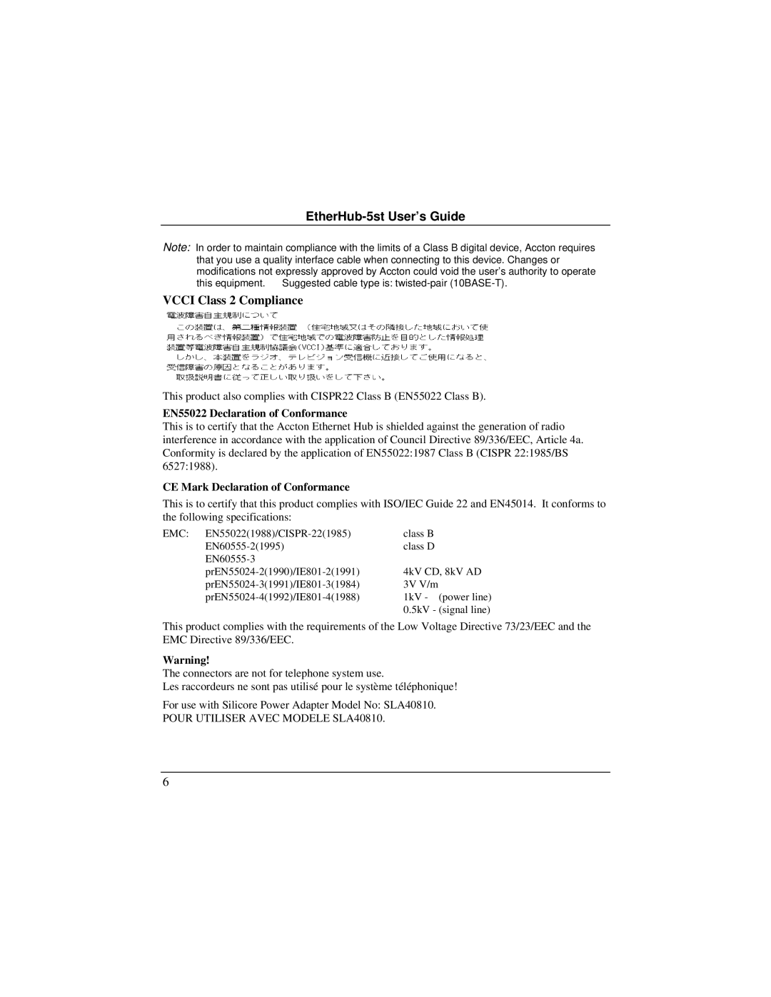 Accton Technology EH2045S quick start EN55022 Declaration of Conformance, CE Mark Declaration of Conformance 