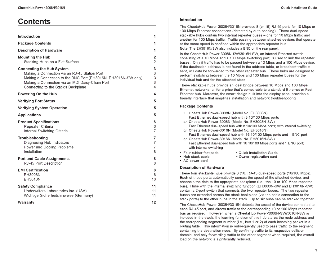 Accton Technology EH3008N, EH3016N, CheetaHub Power Fast Ethernet Dual-Speed Stackable Hubs manual Contents 