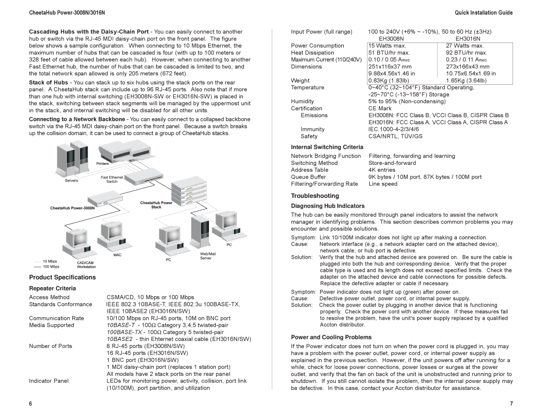 Accton Technology EH3008N CheetaHub Power-3008N/3016N Quick Installation Guide, Product Specifications, Troubleshooting 