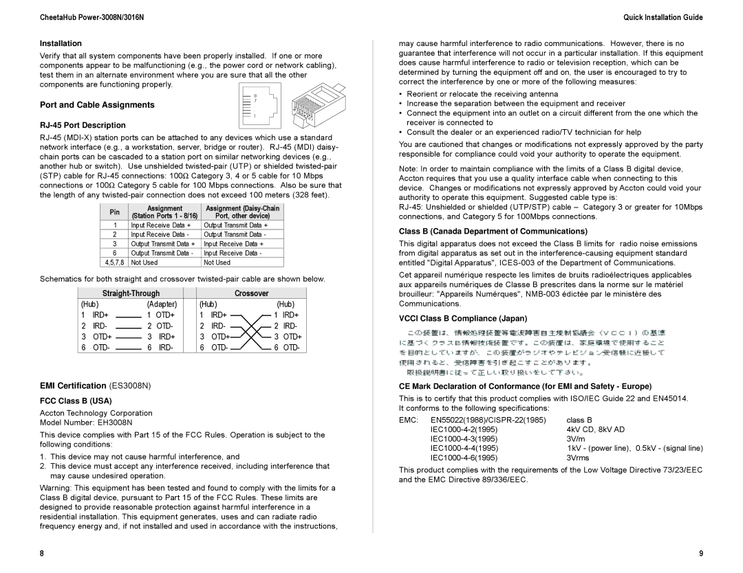 Accton Technology EH3016N, EH3008N manual Port and Cable Assignments, Straight-Through Crossover, EMI Certification ES3008N 